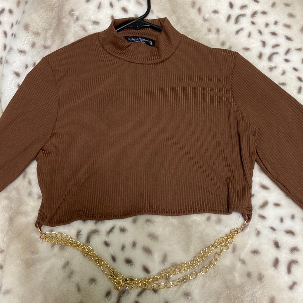 Brown Today & Tomorrow semi turtleneck crop long sleeve-gold chain -cut out back